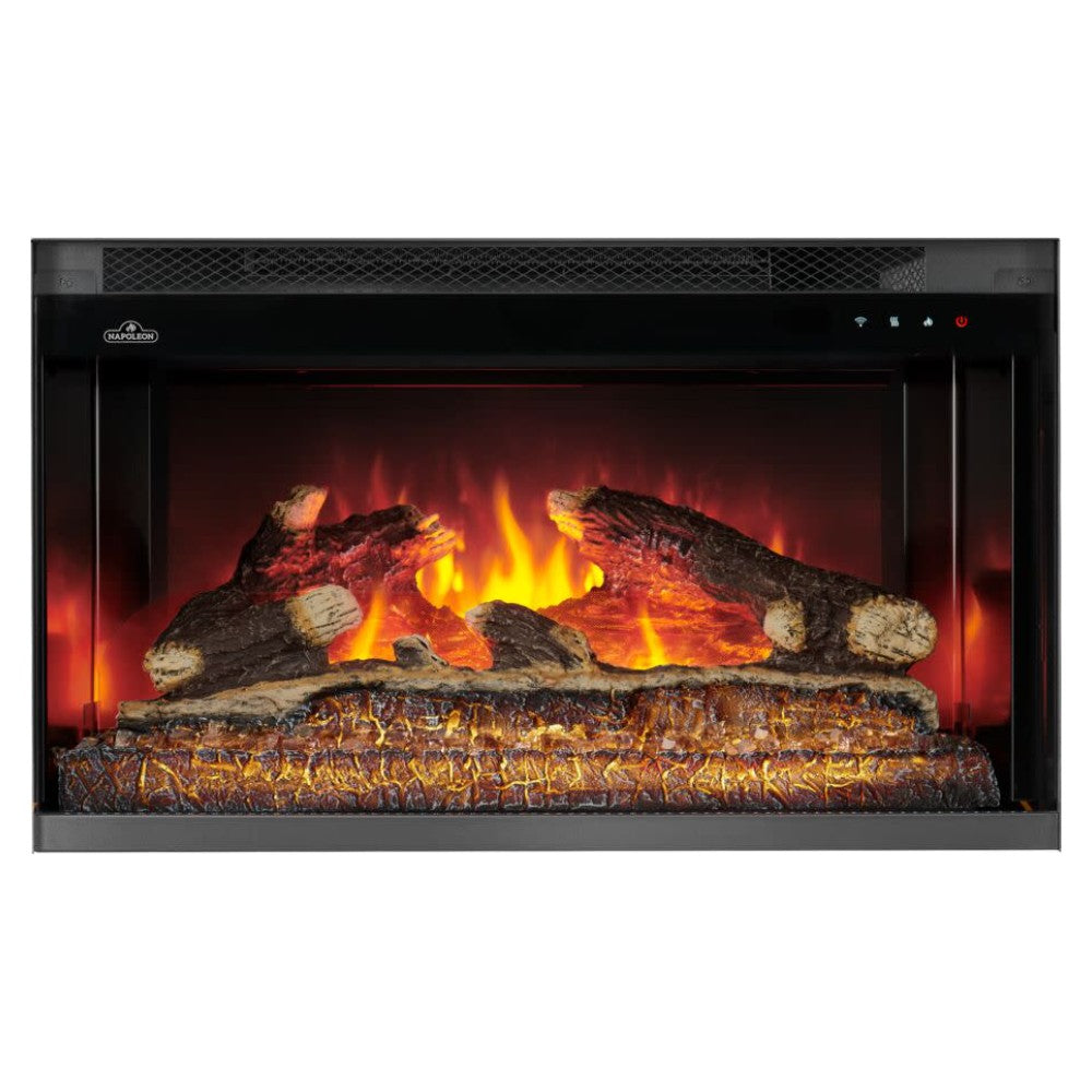 Built-in electric fireplace insert with glass front and glowing flame logs