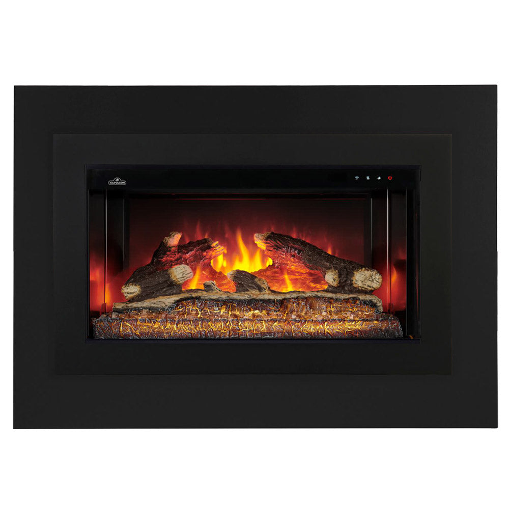 Black electric fireplace insert framed opening with glowing log flames