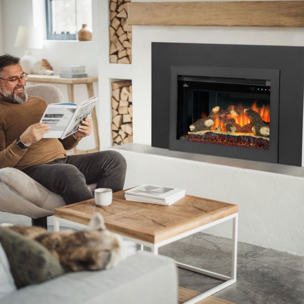 Black electric fireplace insert showing orange flames and glowing ember bed