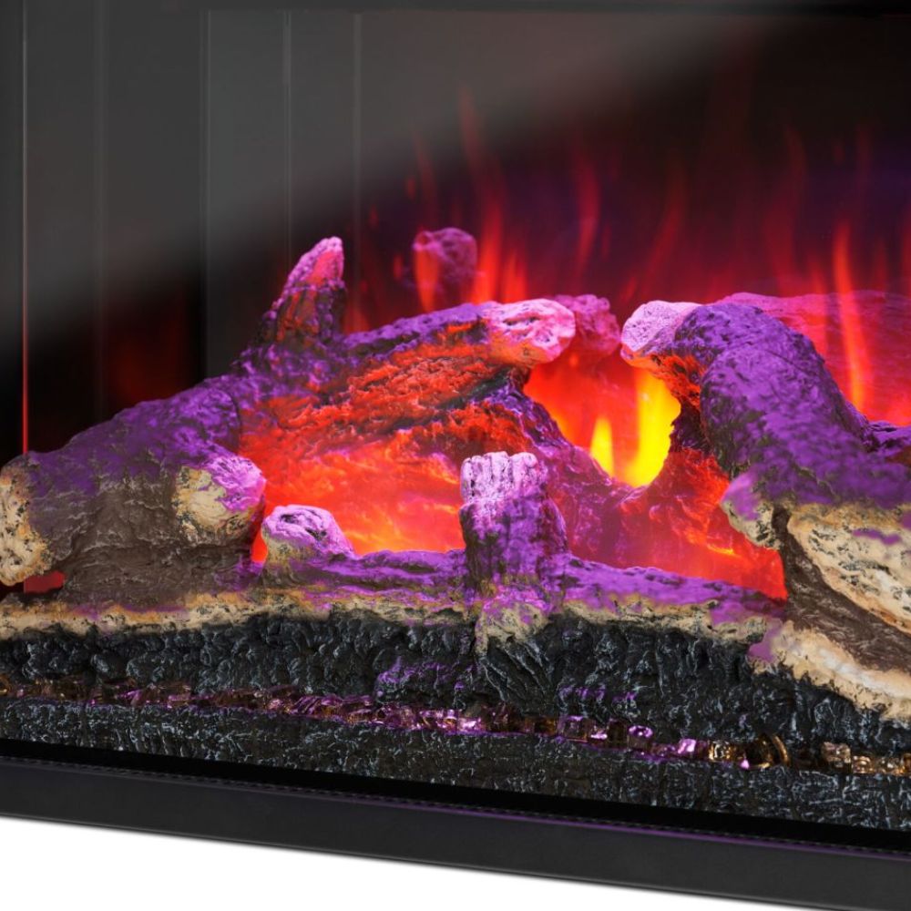 Electric fireplace insert close-up with purple and orange glowing flame logs