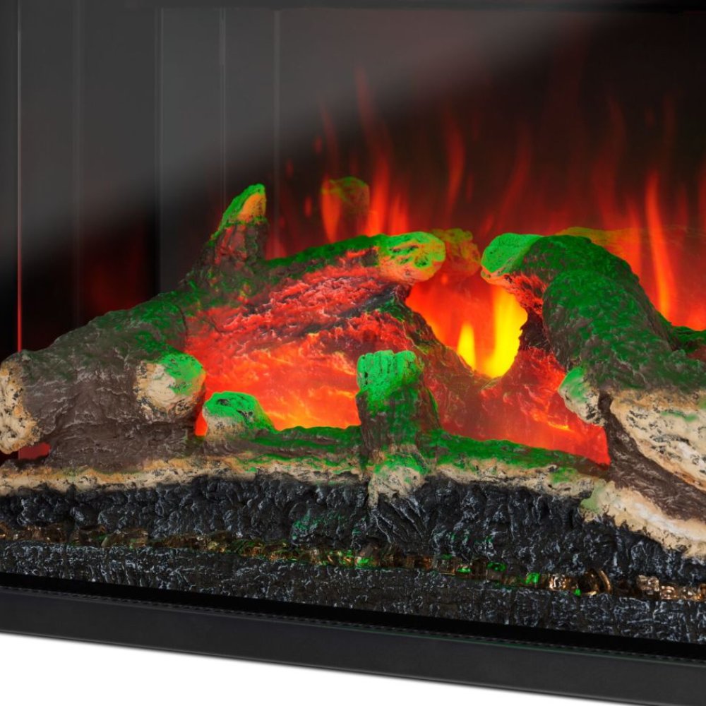Electric fireplace insert with green and red flame lighting over logs
