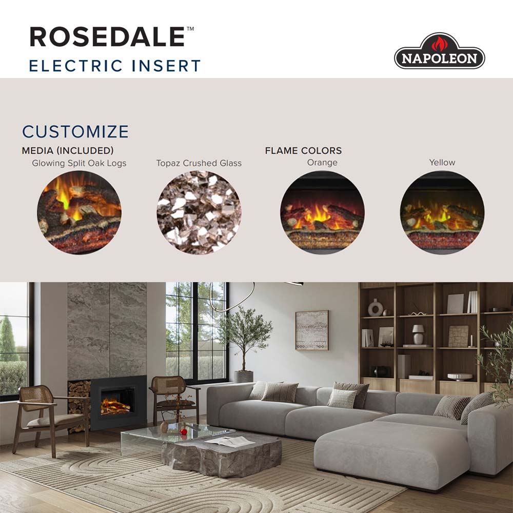 Rosedale Electric Insert Napoleon built-in electric fireplace, orange flame and topaz glass