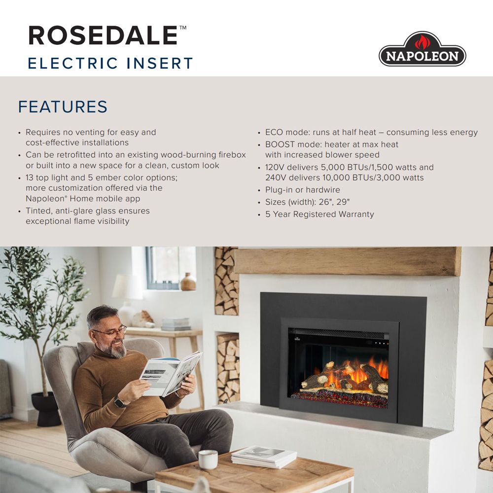Black electric fireplace insert in wall with orange flame effect