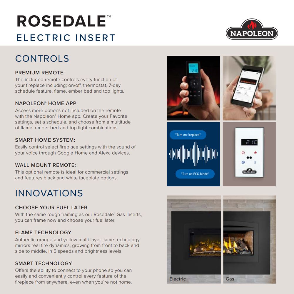 Electric fireplace insert controls with remote and app phone display