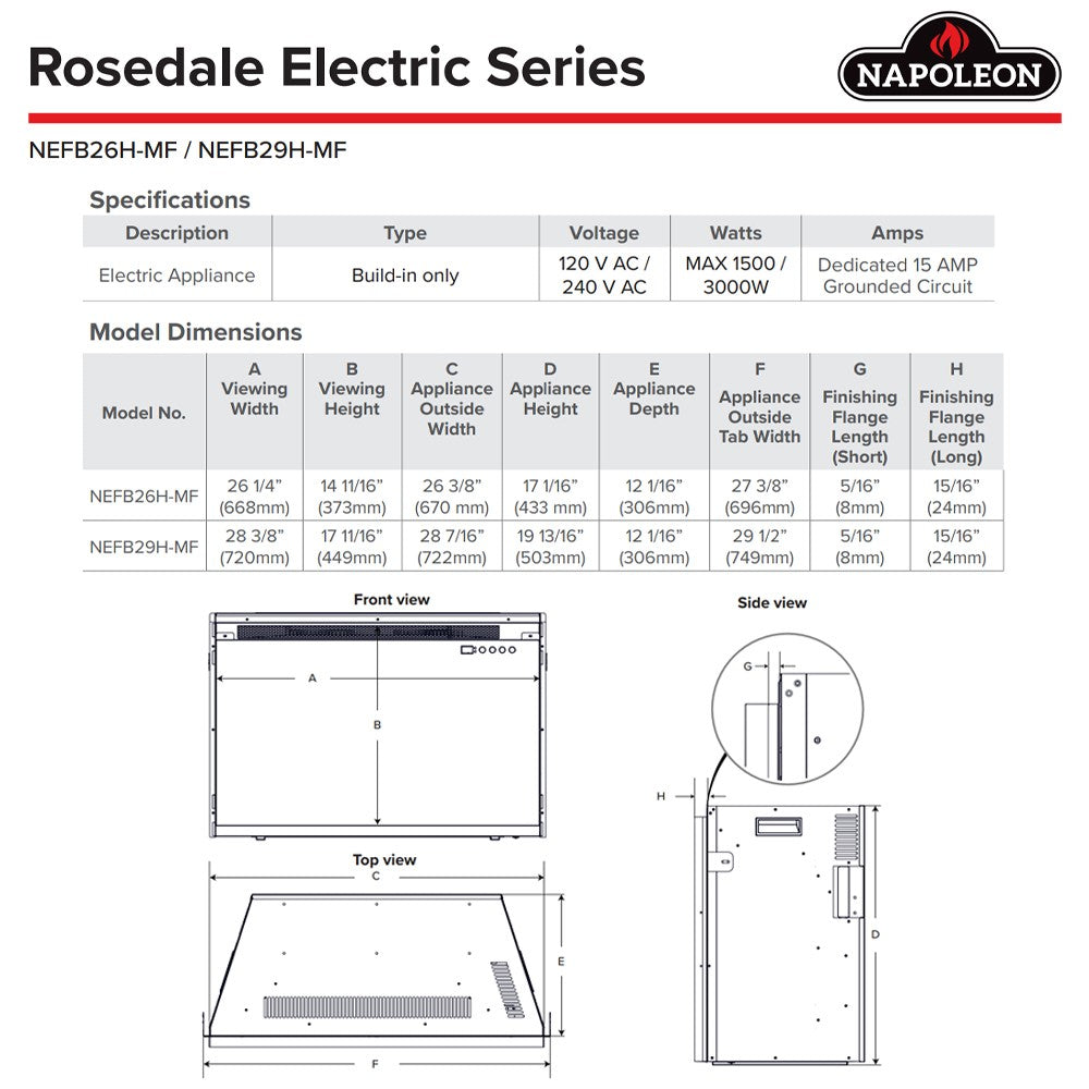 Electric fireplace insert wall-opening diagram with dimensions and side view