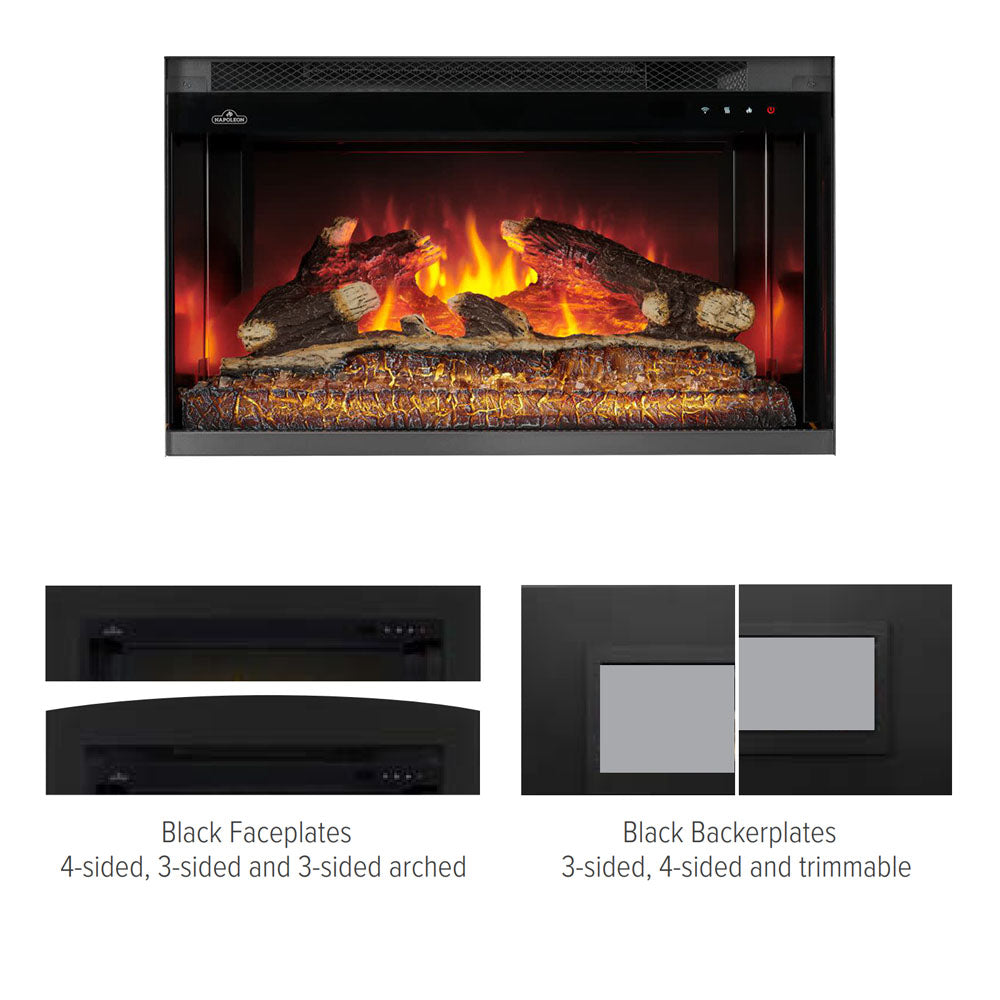 Rectangular black electric fireplace insert with realistic log and ember bed