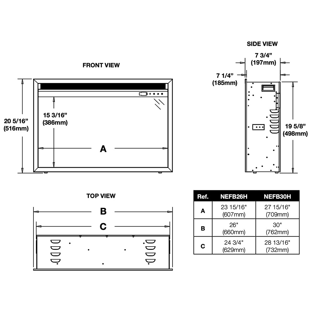 Electric fireplace insert dimension diagram with front, top, and side measurements