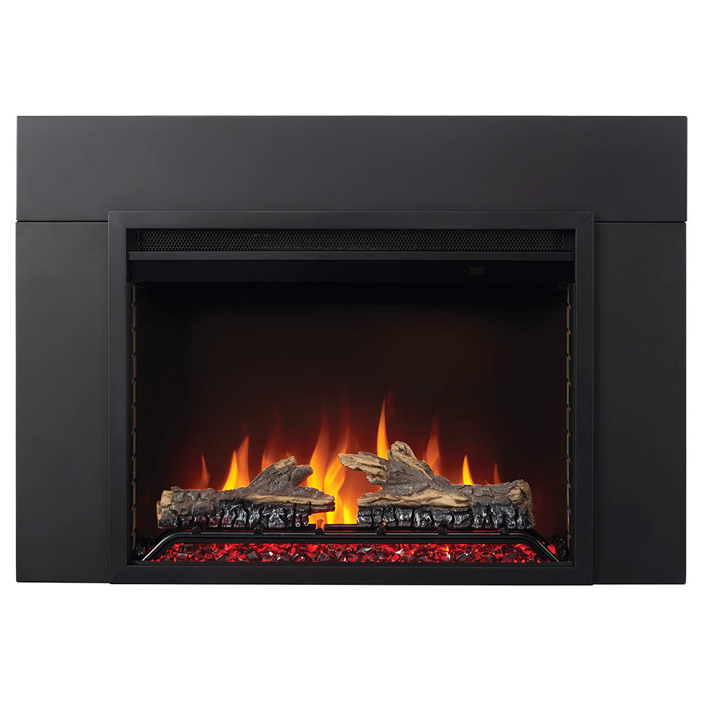 Electric fireplace insert with dark surround, burning flames, and crystal media base