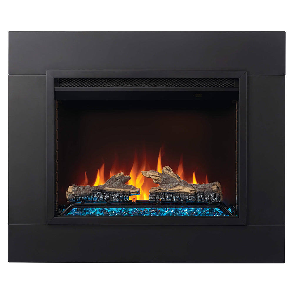 Electric fireplace insert with dark frame, glowing flames, and crystal media logs