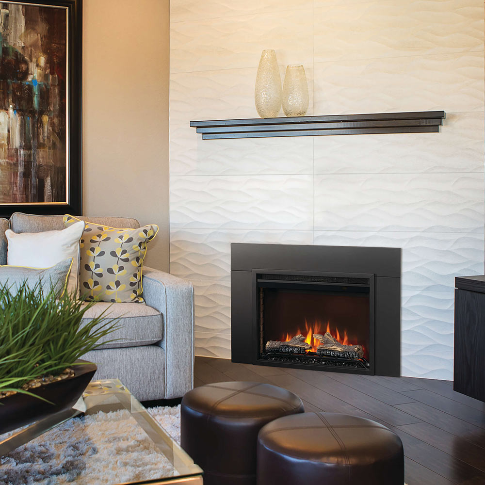 Electric fireplace insert with black frame and orange flame display