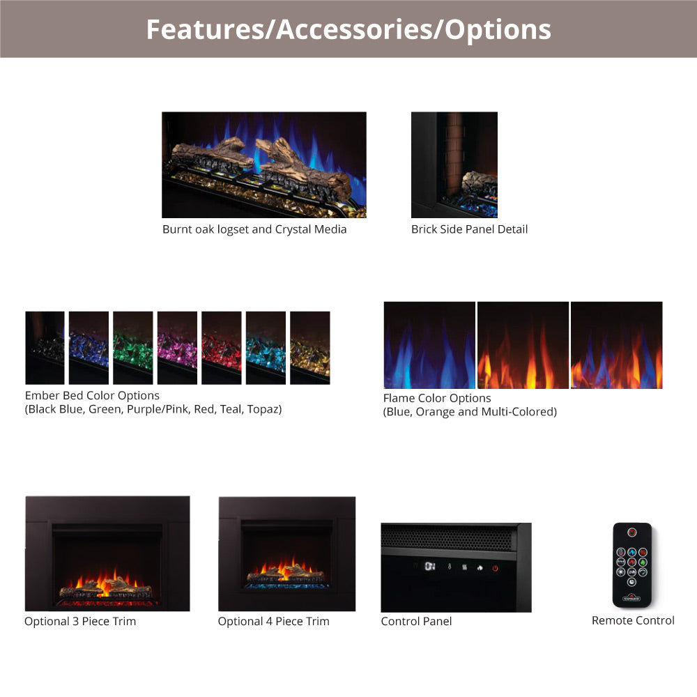 Electric fireplace insert accessories options chart with remote and control panel