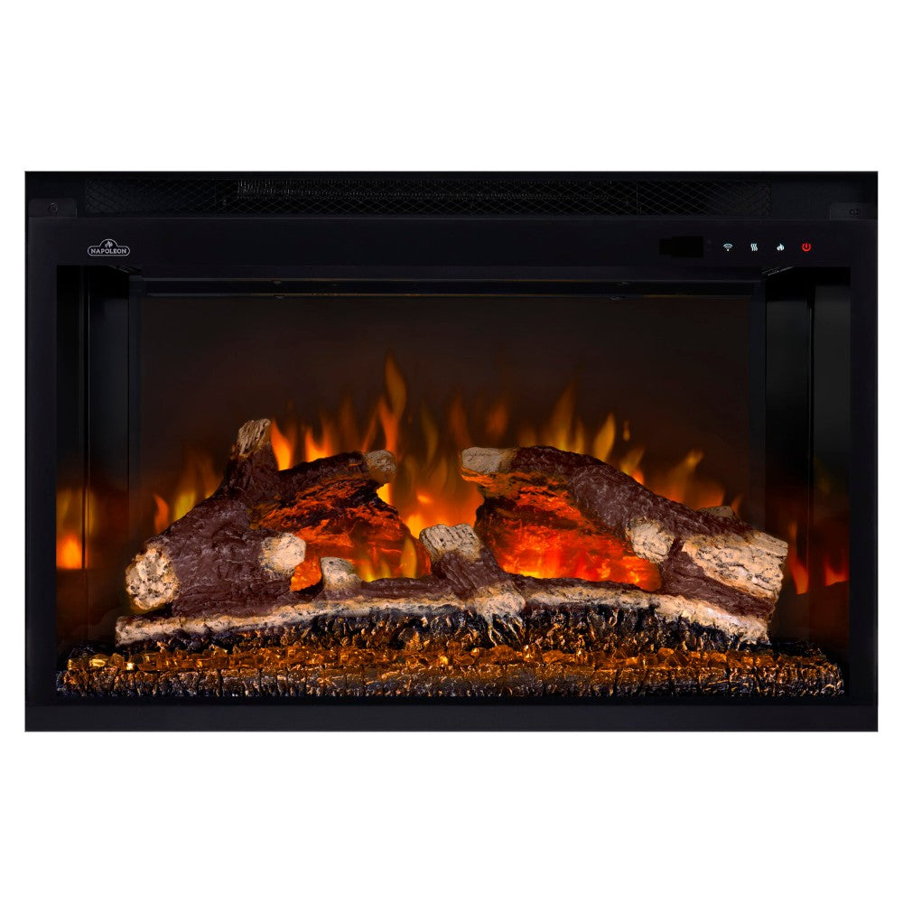 Black built-in electric fireplace insert with glowing split oak logs and orange flames