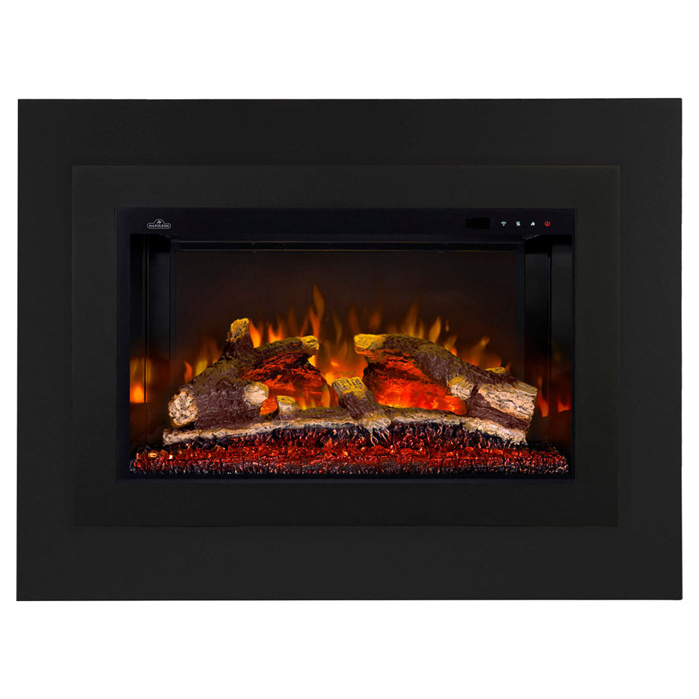 Black electric fireplace insert showing glowing logs and orange flames