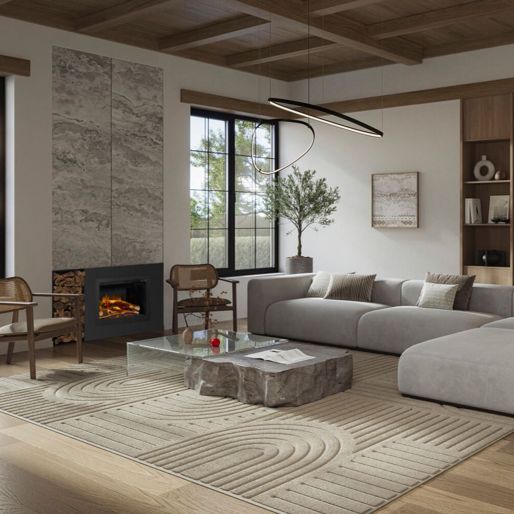 Electric fireplace insert with black firebox and logs, set in a corner wall