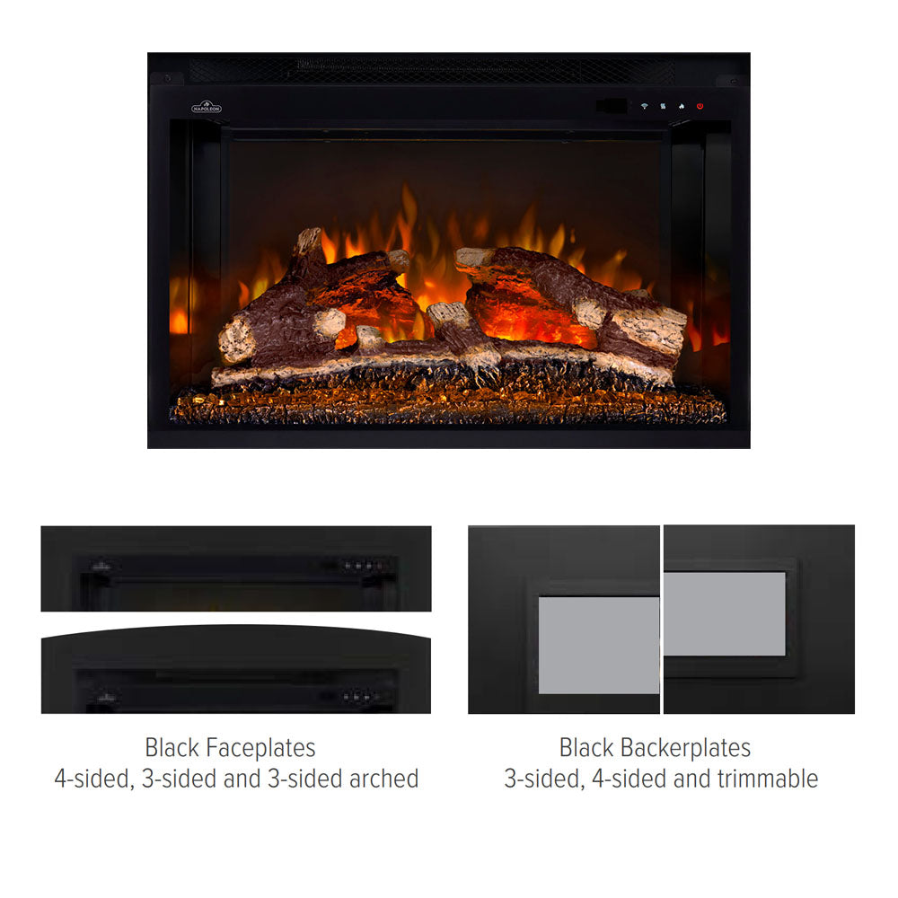 Black electric fireplace faceplates and backerplates, three- and four-sided options