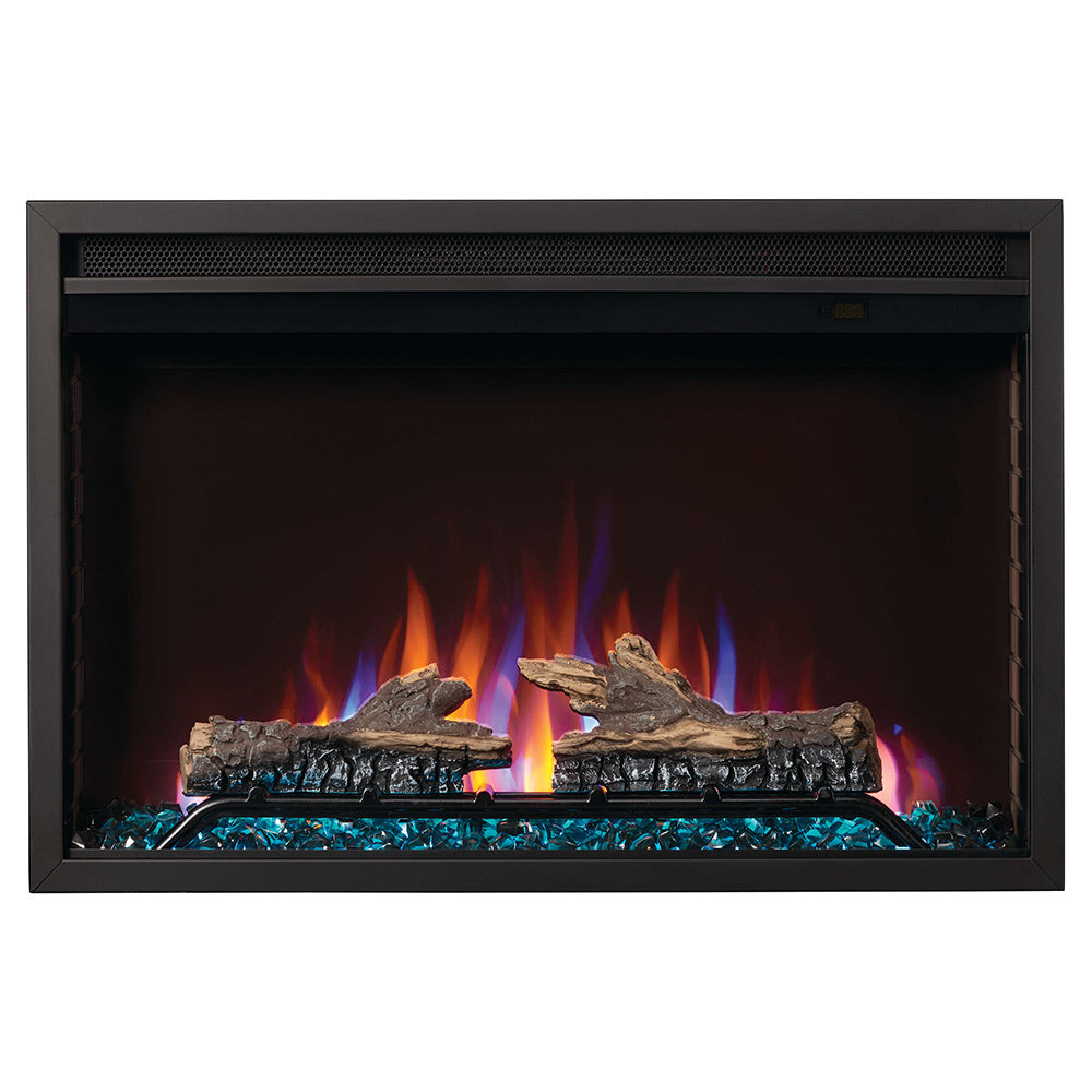 Built-in electric fireplace with dark frame, glowing flames, and log and crystal media bed