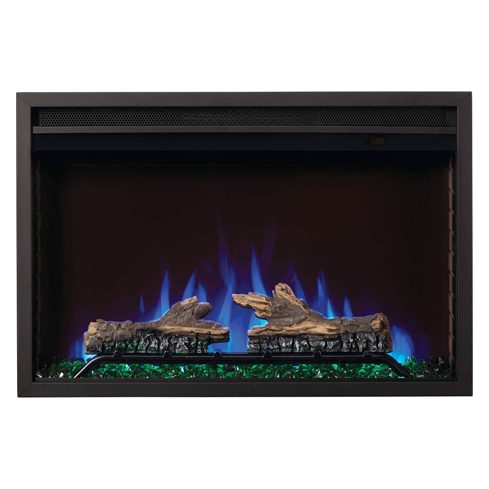 Electric fireplace with glowing blue flames, split logs, and blue crystal media bed
