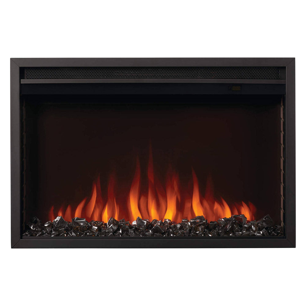 Electric fireplace with bright orange flame effect and dark fire media at the base