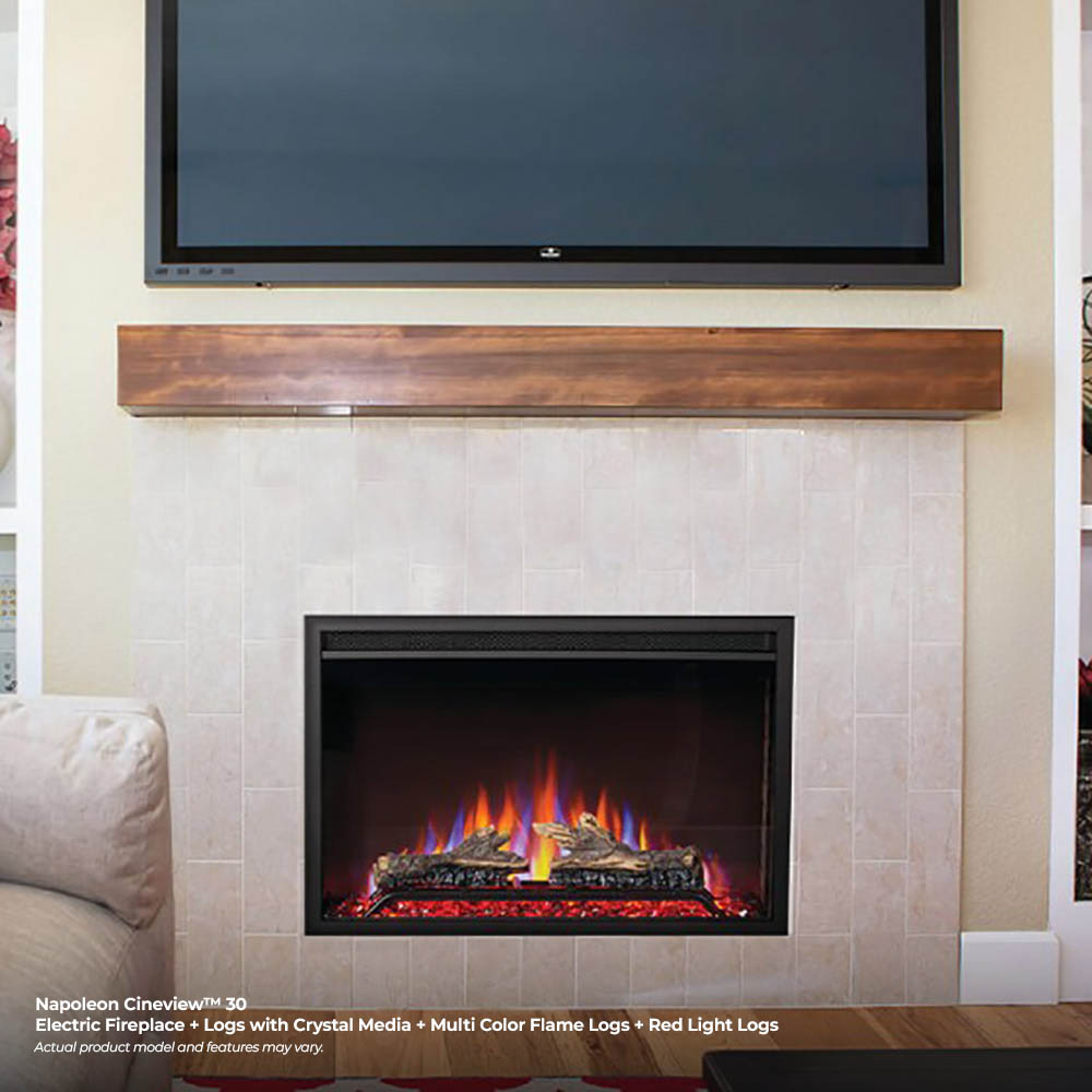 Built-in electric fireplace installed in a wall opening with flame display