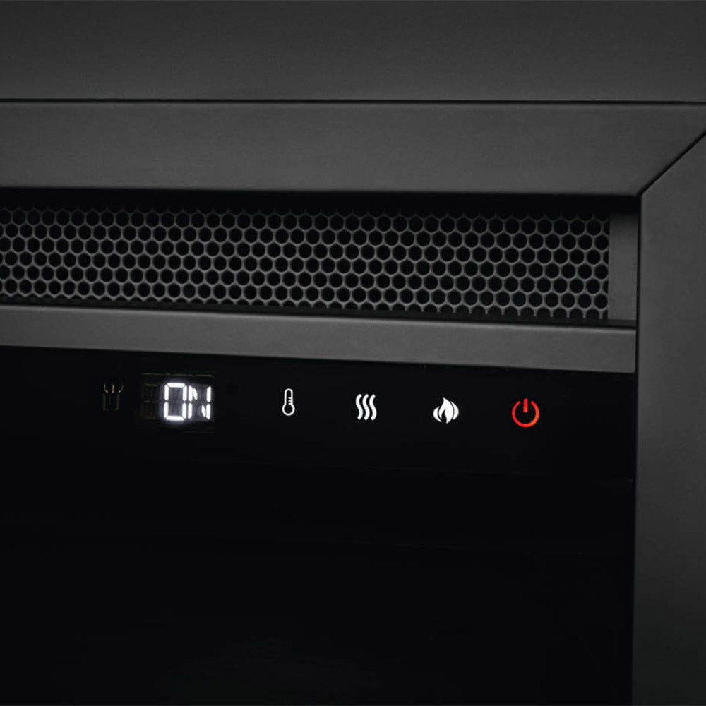 Electric fireplace control panel with LED icons and red power button