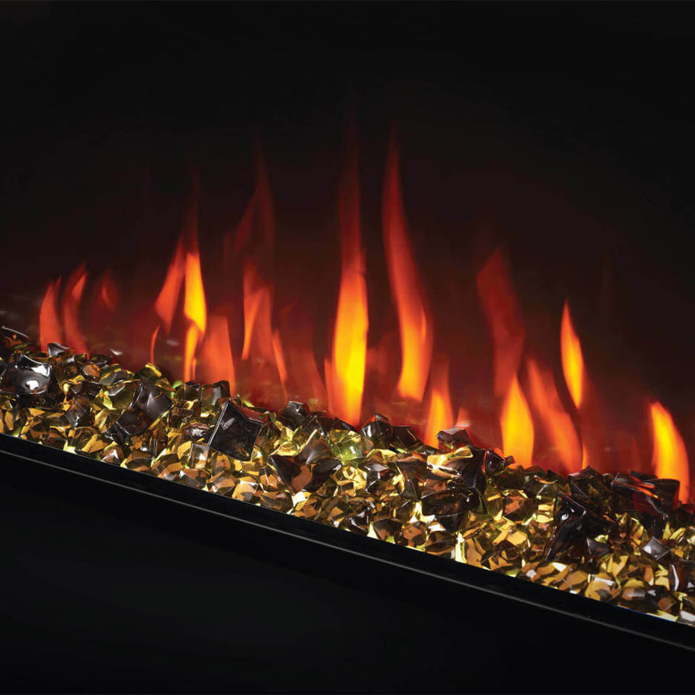 Electric fireplace flame bed with gold crystal shards and orange flames