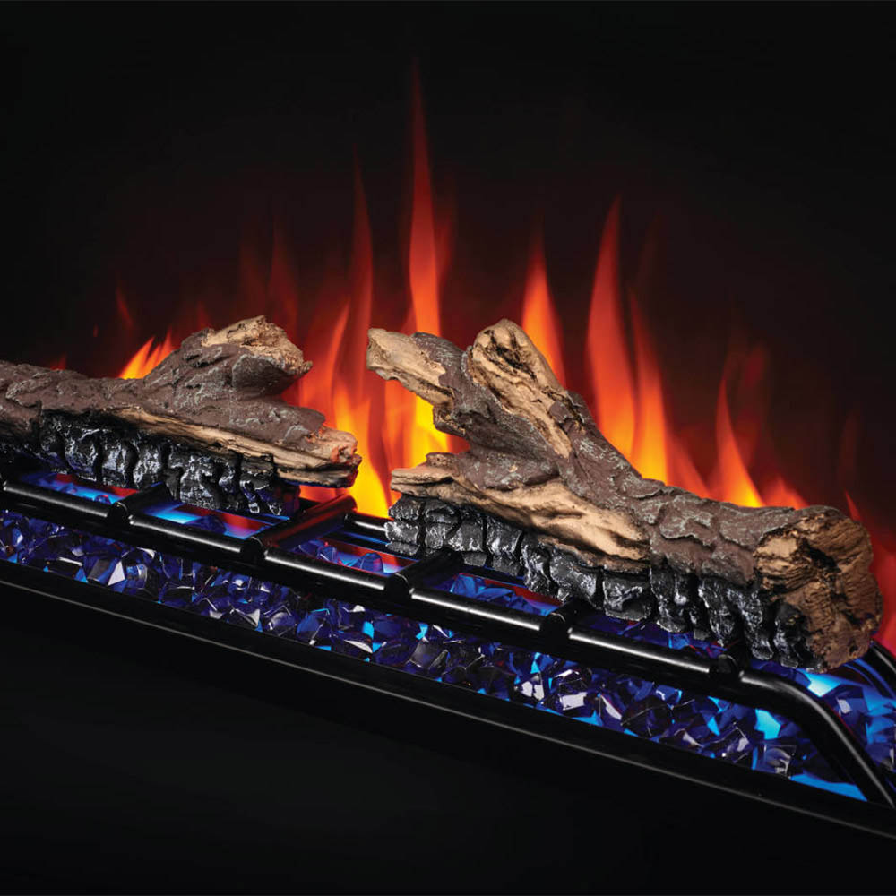 Electric fireplace logs on blue-lit crystal media with tall orange flames