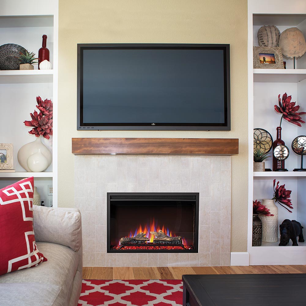 Electric fireplace insert with black frame and flame firebox built into wall