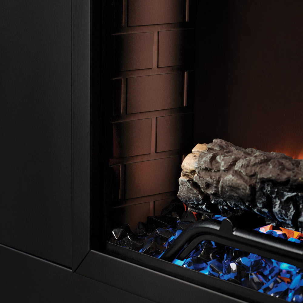 Black electric fireplace insert showing log set and blue-lit embers