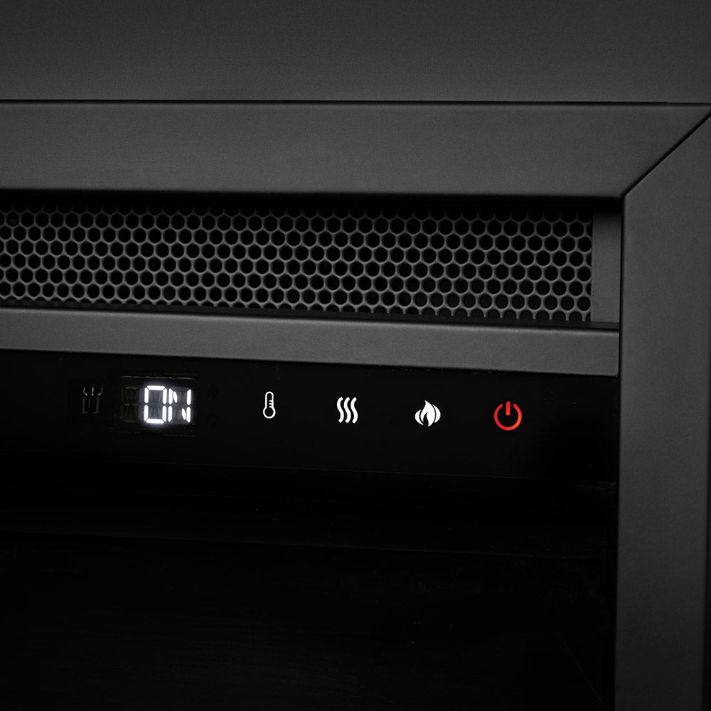 Electric fireplace insert control panel with LED icons and power button