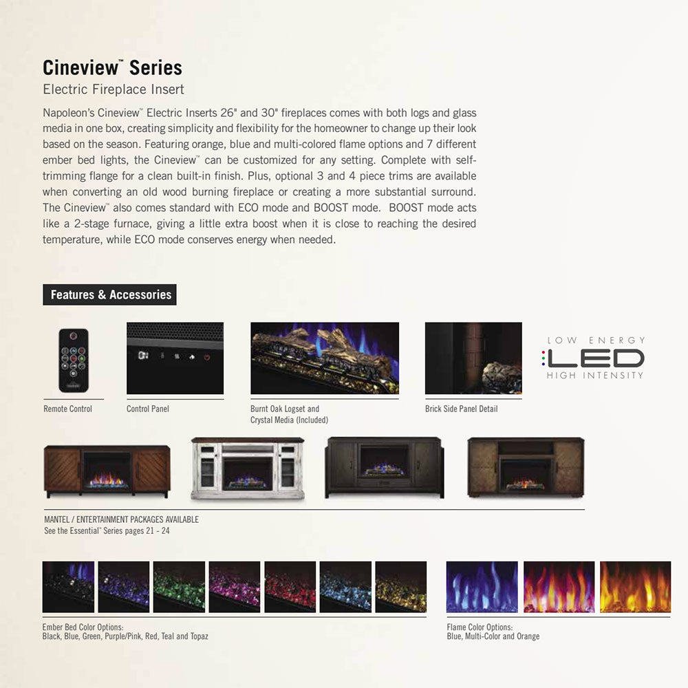 Cineview series electric fireplace insert feature sheet with remote and flame color options