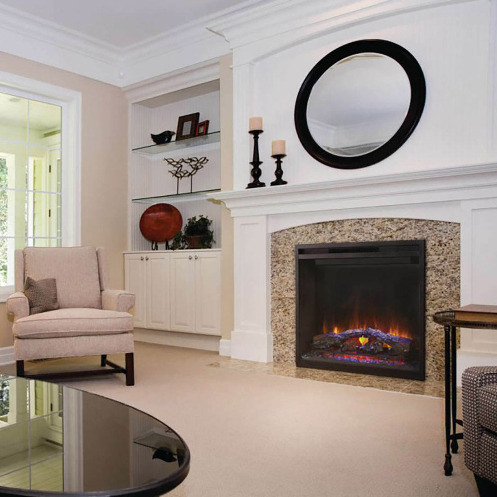 Black electric fireplace insert with flame effect in built-in stone surround