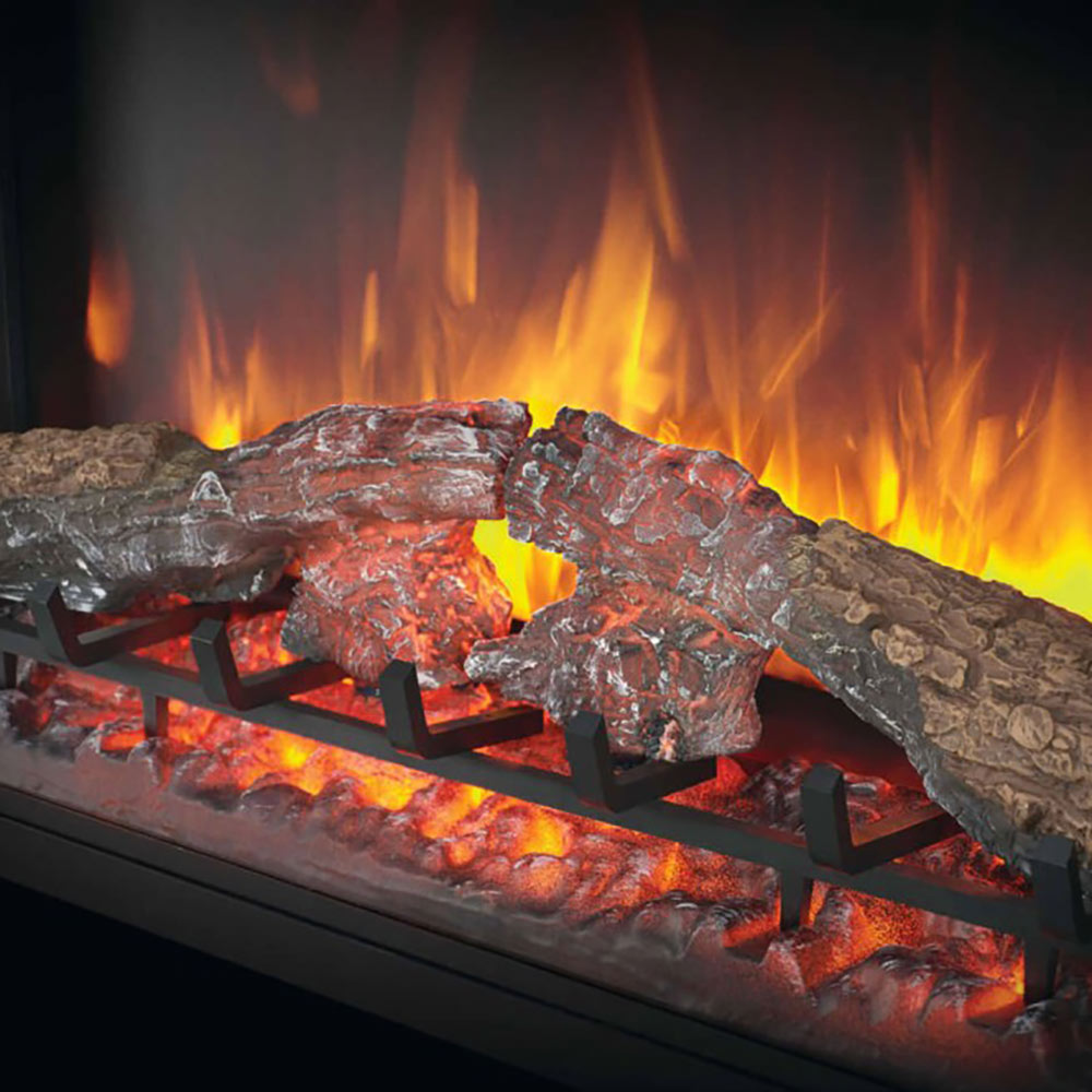 Electric fireplace insert log grate with bright yellow-orange flame effect
