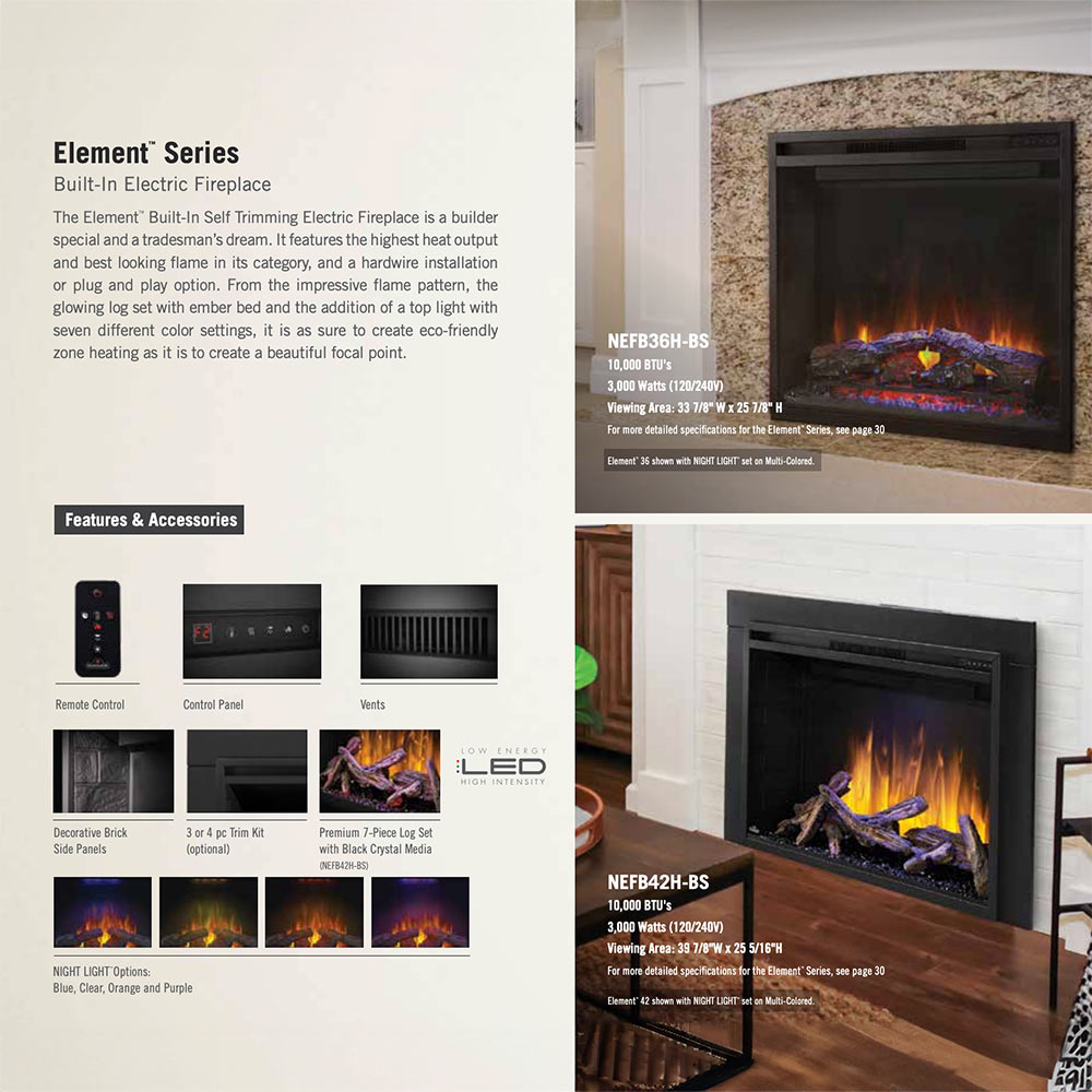 Electric fireplace insert feature sheet with remote and settings thumbnails