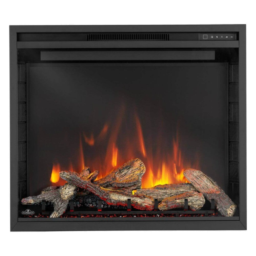 Built-in electric fireplace with black surround, glowing orange flames, and log set