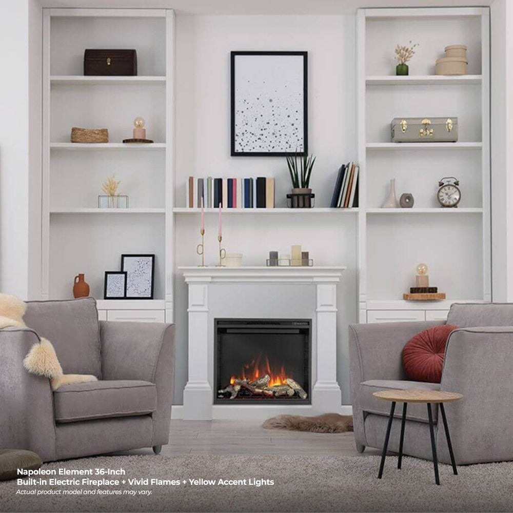 Electric fireplace with white mantel and glass front, showing yellow flame effect and logs