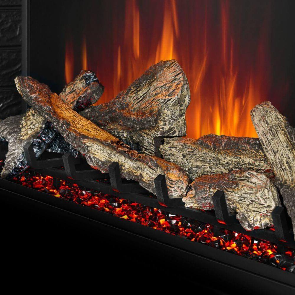 Electric fireplace burner with detailed logs, orange flames, and red ember bed