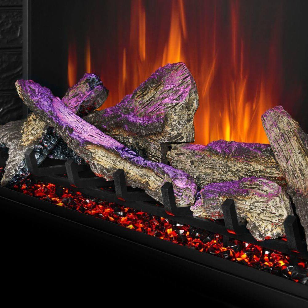 Electric fireplace burner with logs, purple flame accents, and red ember bed