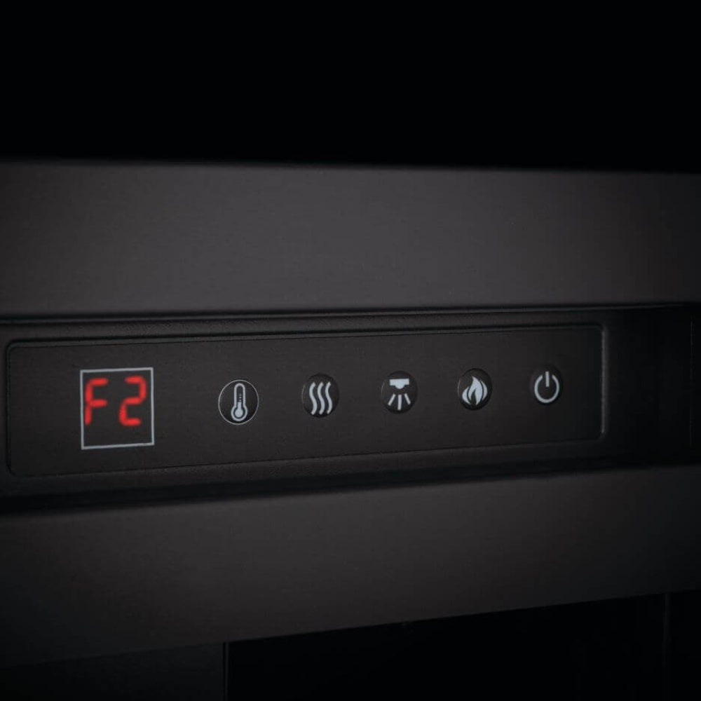 Electric fireplace control panel with red digital display and button icons