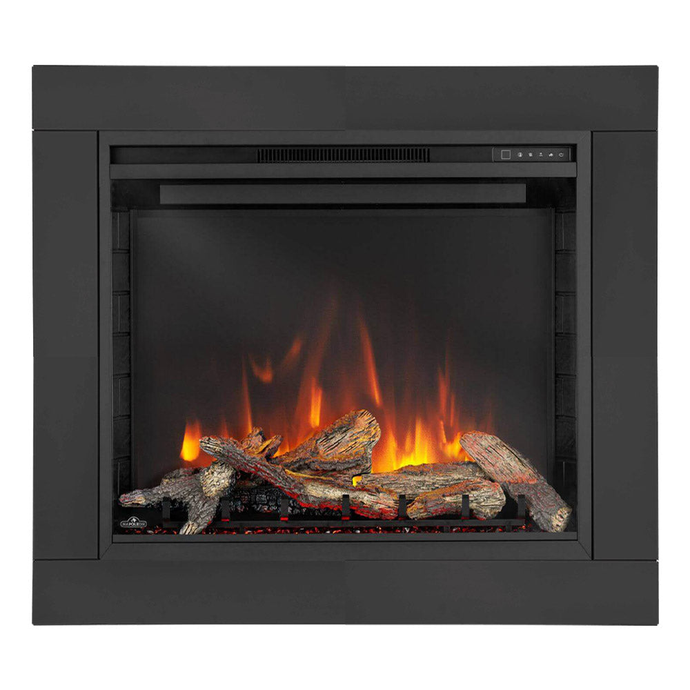 Built-in electric fireplace with 4-piece trim kit, dark frame, burning log flame