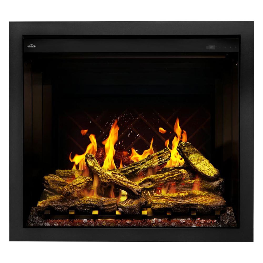 Electric fireplace insert with glowing orange flames and dark log set in a black frame.
