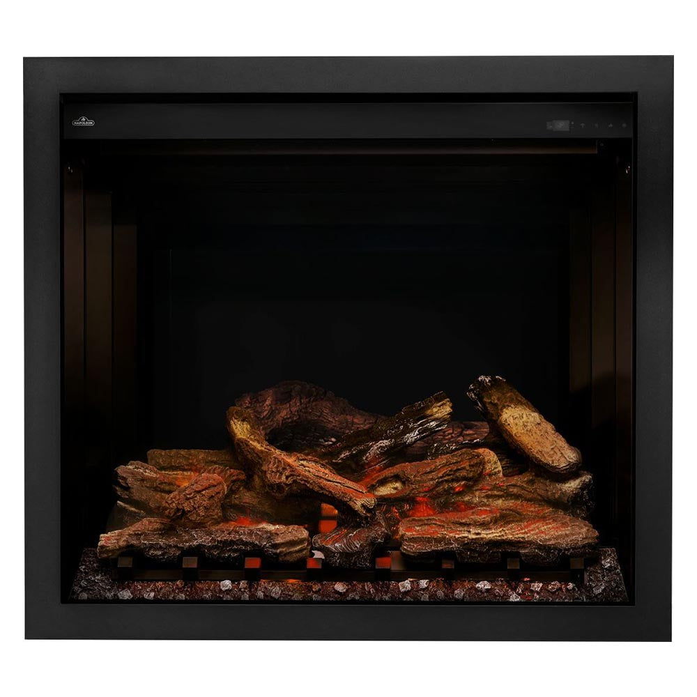 Electric fireplace insert with glowing embers and stacked dark logs in a black frame.