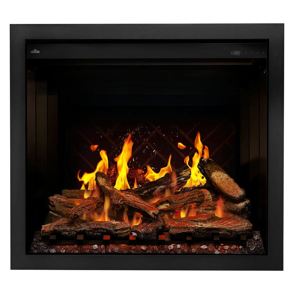 Electric fireplace insert with bright orange flames over dark logs in a black frame.