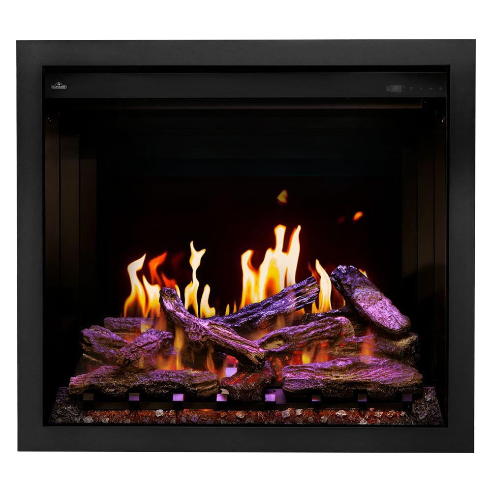 Electric fireplace insert with yellow-orange and purple-toned flames over dark logs, black frame.