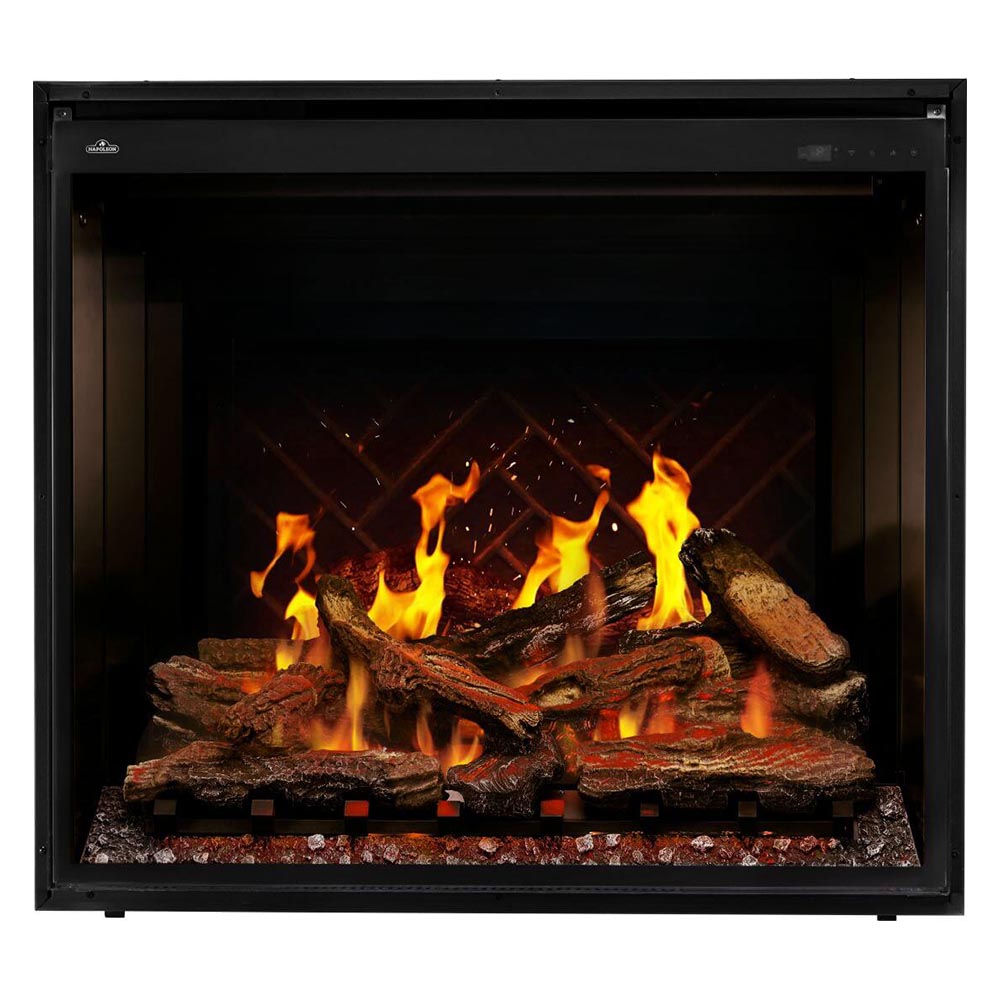 Electric fireplace insert with bright orange flames and brown logs in a black frame.
