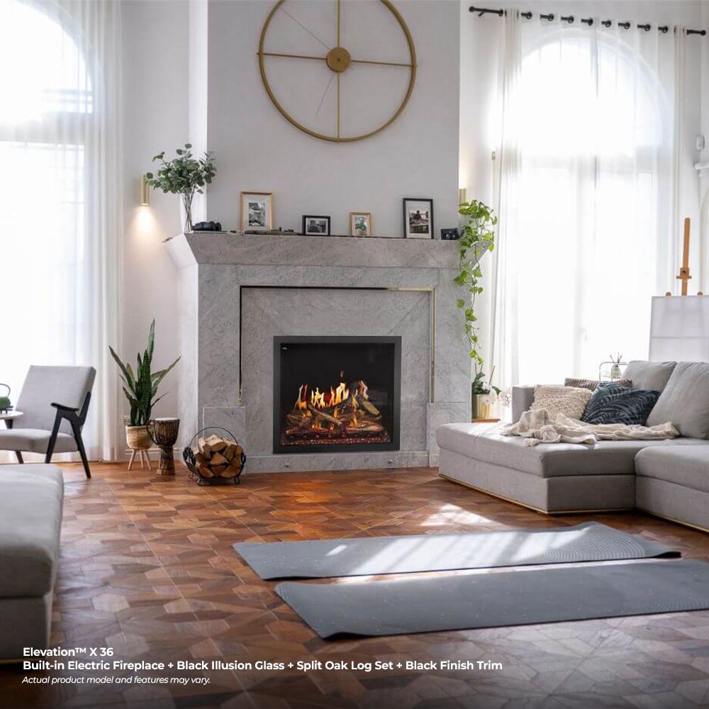 Built-in electric fireplace with burning flames and dark logs in a gray hearth.