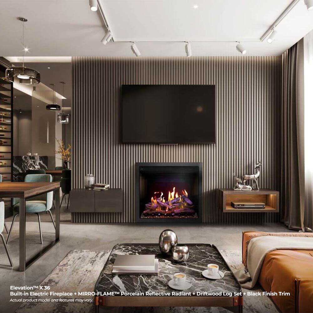 Built-in electric fireplace with red-orange flames in a wall niche, black trim.