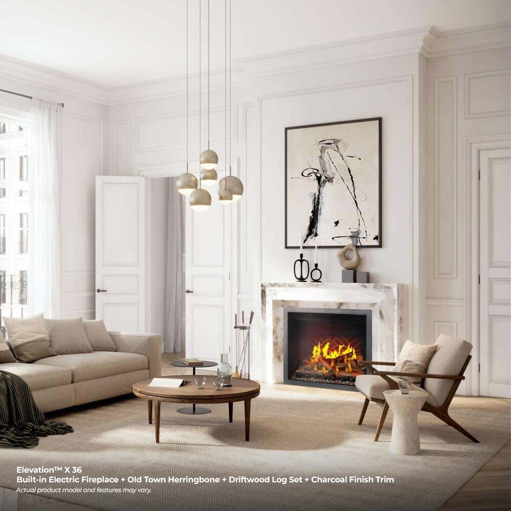 Electric fireplace set in a white mantel with small flames and dark logs.