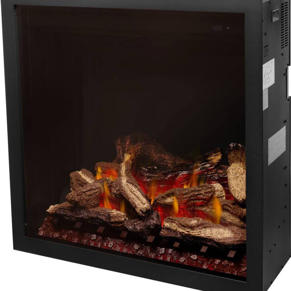 Electric fireplace insert showing dark logs, embers, and orange flame glow in black housing.