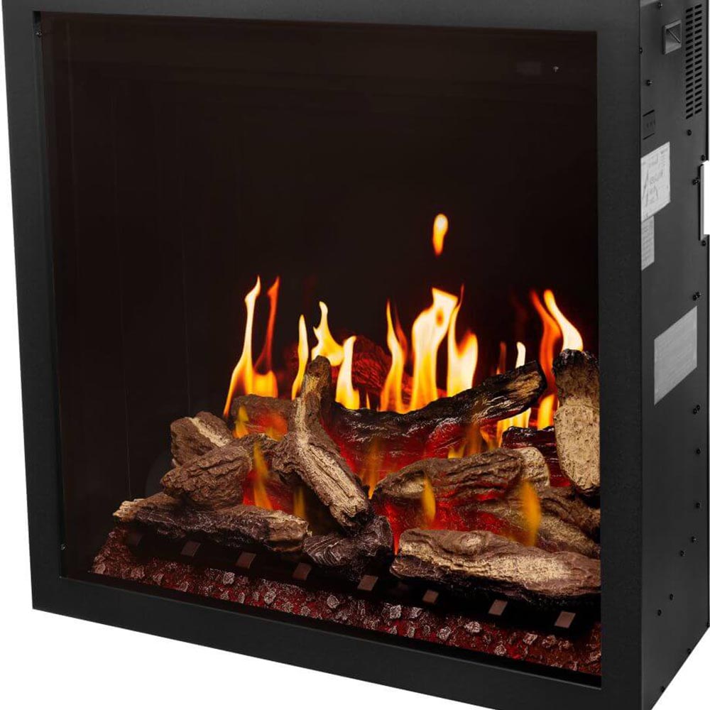 Electric fireplace insert with tall orange flames and dark logs in black housing.