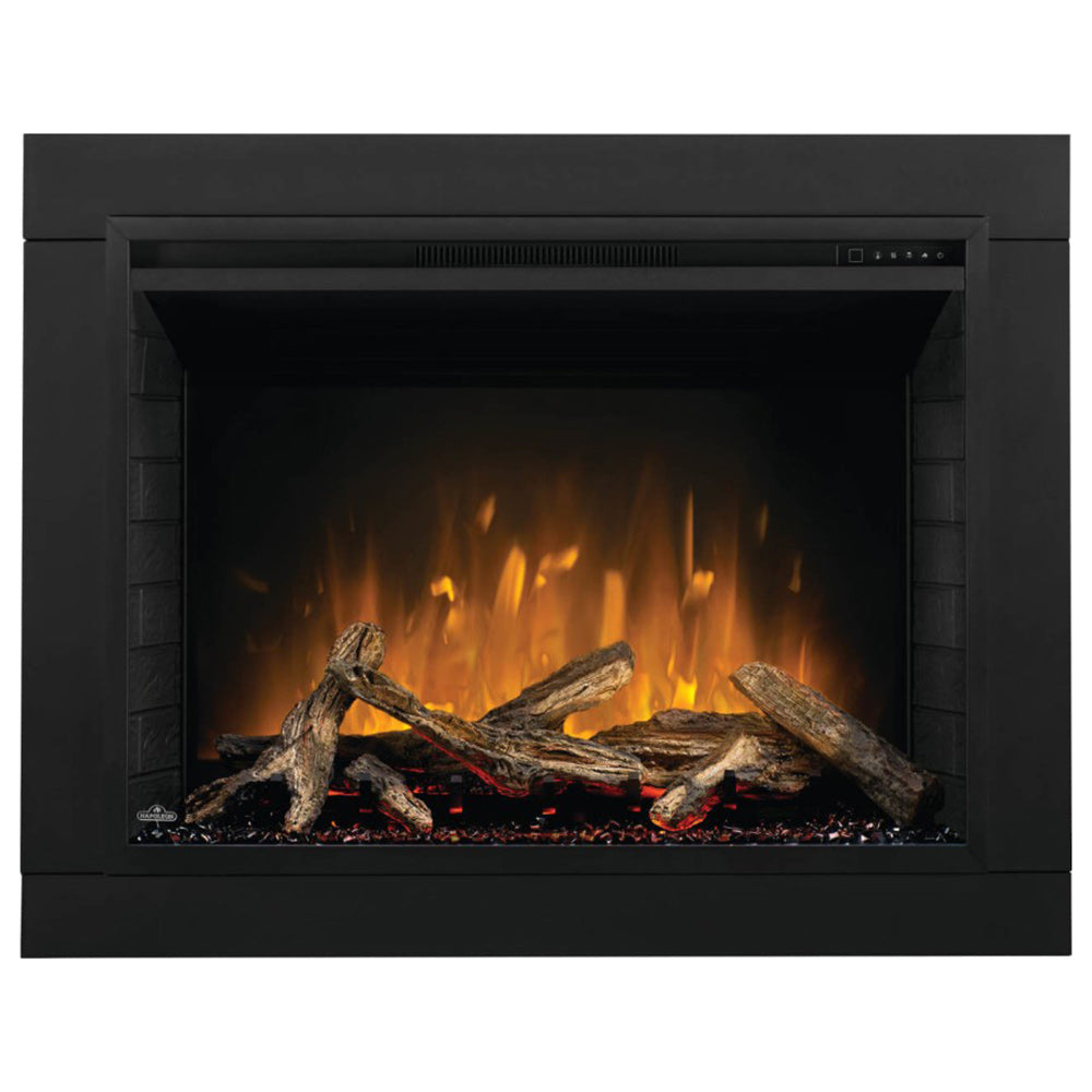 Black electric fireplace insert showing burning logs and glowing embers